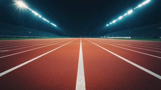 Empty running track at night, illuminated by stadium lights.