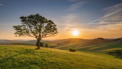 Solitary Tree on a Hilltop at Sunset Over Rolling Hills