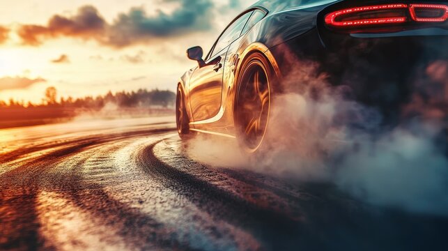 car skidding sideways in a controlled drift, tire marks left on the road, smoke rising, highlighting the car is high-performance capabilities on the track
