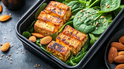Beautifully presented meal prep box with portion-controlled superfoods, almonds, spinach, and grilled tofu, balanced nutrition and wellness concept. 