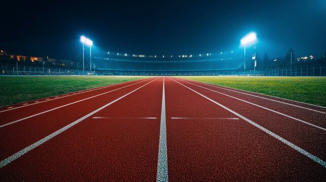 Empty running track at night, stadium lights illuminating the red surface.