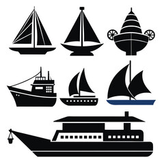 Collection of Black Silhouette Boat and Ship Icons