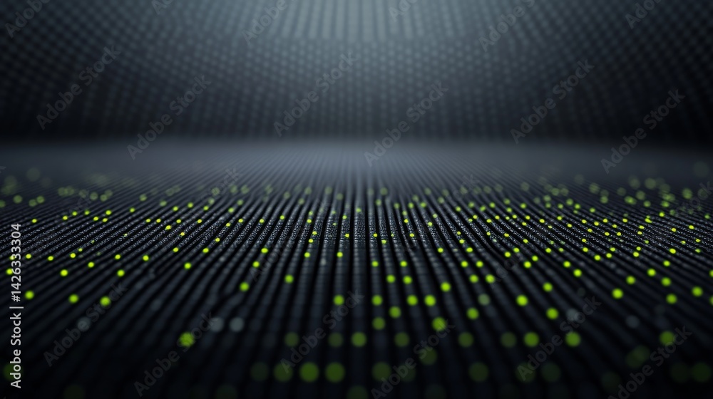Leinwandbilder Abstract digital grid features glowing green lines and yellow nodes, creating depth and contrast against a dark background, ideal for high-tech themes