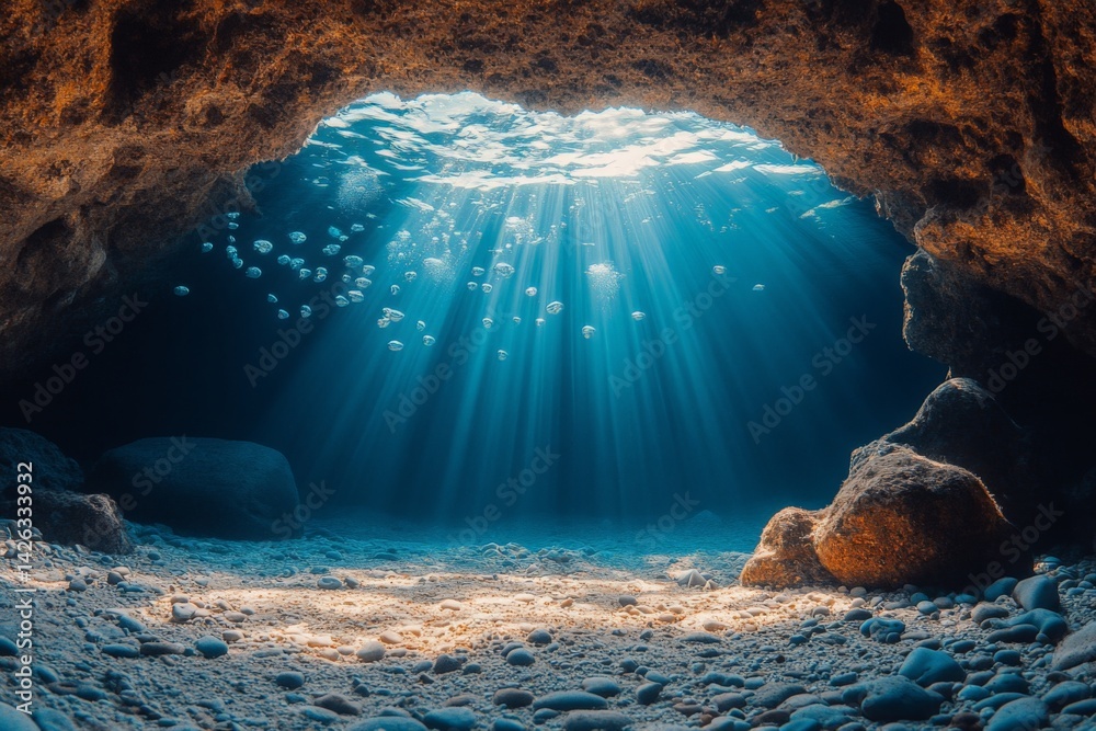 Poster Sunlight filtering through water into a serene underwater cave with floating jellyfish in a tranquil ocean environment
