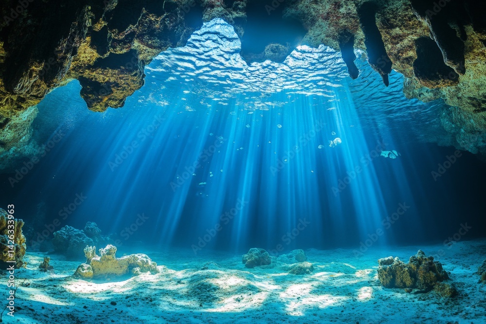 Poster underwater exploration in a vibrant marine cave with beams of sunlight filtering through