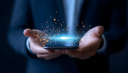 Glowing digital data emerges from a smartphone held in open hands