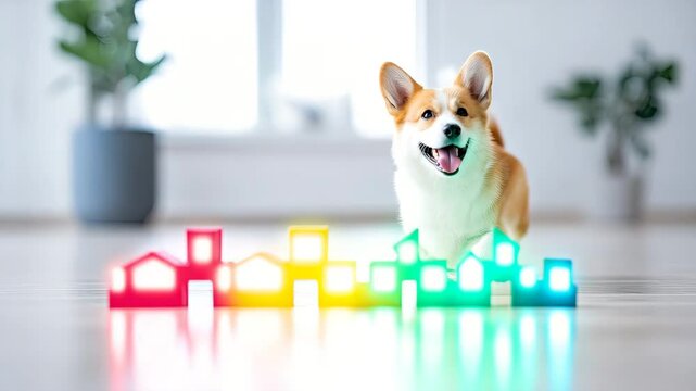 Pet-Friendly Smart Neighborhood, A cheerful corgi standing indoors behind a row of colorful, glowing house icons representing a smart, pet-friendly neighborhood.