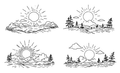 Sun and clouds in sky sketch engraving vector illustration. doodle  nature illustration