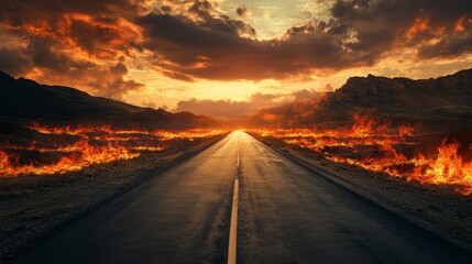 Dramatic sunset over a highway flanked by fire.