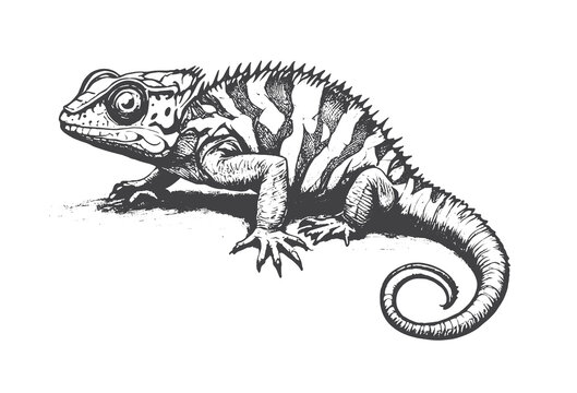 Chameleon lizard sketch engraving vector illustration. engraving illustration of chameleon