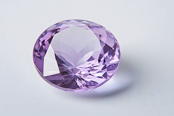 Polished lilac gemstone with brilliant facets on a light background