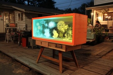 Colorful aquarium display showcased outside a rustic cabin during evening hours