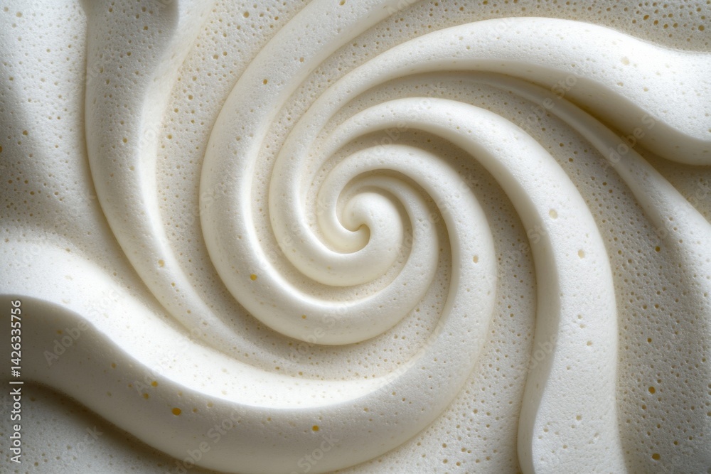 Poster Whipped cream in a swirling pattern showing creamy texture and frothy surface details at close range