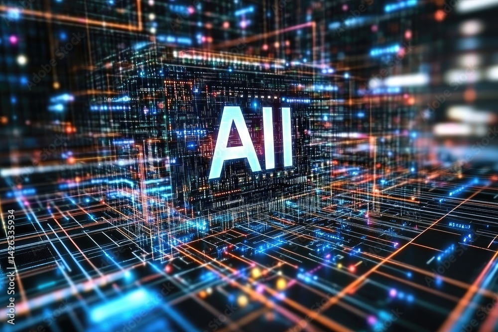 Poster abstract ai digital network glowing cube in complex lines