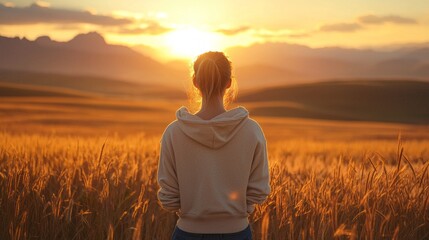 Standing quietly in a vast, golden field, the young woman gazes at the radiant sunset. The soft light envelops her, creating a serene atmosphere in the early evening