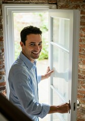 Fototapeta premium Man opening a door, smiling