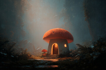 A whimsical mushroom house with glowing windows in a dark and mysterious forest setting at twilight