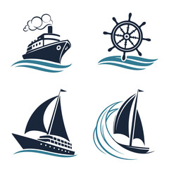 Nautical Transportation Icons Ships, Sailboats, and Wheel