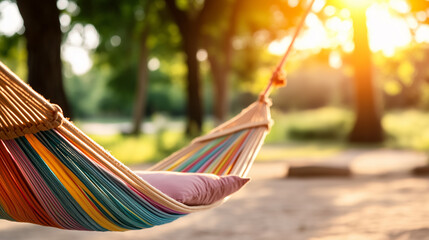 Vibrant striped hammock in sunlit park setting for relaxation and comfort