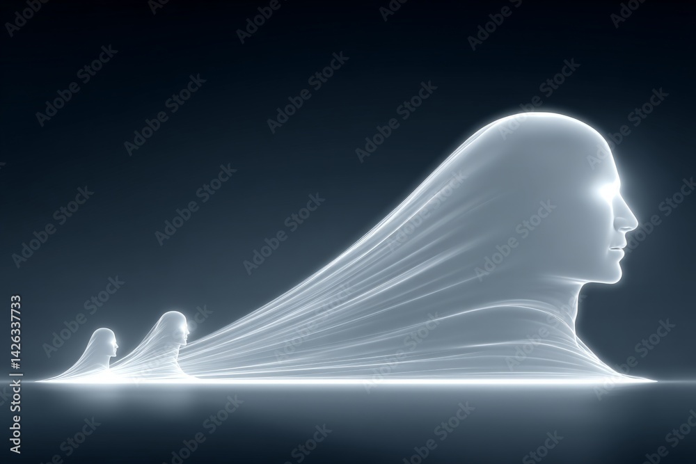 Poster Figures forming from light stretch into the distance, symbolizing transformation and evolution of thought in a futuristic space
