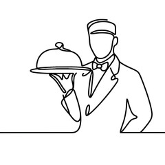 Waiter Line Drawing, Continuous Line Art Serving Dish for Restaurant Logos, Minimalist Menu Designs, Catering Service Invitations, and Elegant Dining Illustrations