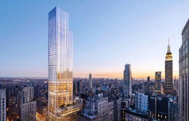 Obraz premium Modern skyscraper dominates city skyline at sunset