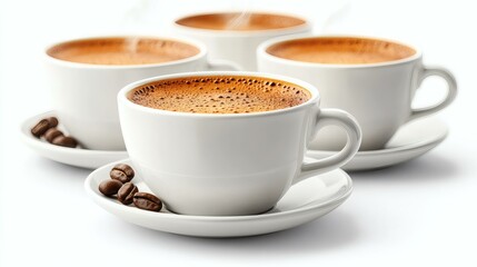 Fototapeta premium Rich Espresso Coffee Cups with Steam and Roasted Beans on Saucers