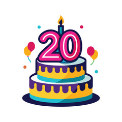Birthday cake with 20 candles vector illustration isolated on white background