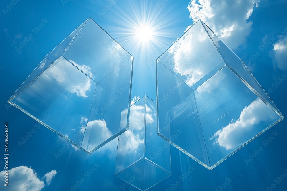 Poster clear geometric shapes floating against a bright blue sky with clouds and sun rays illuminating the 