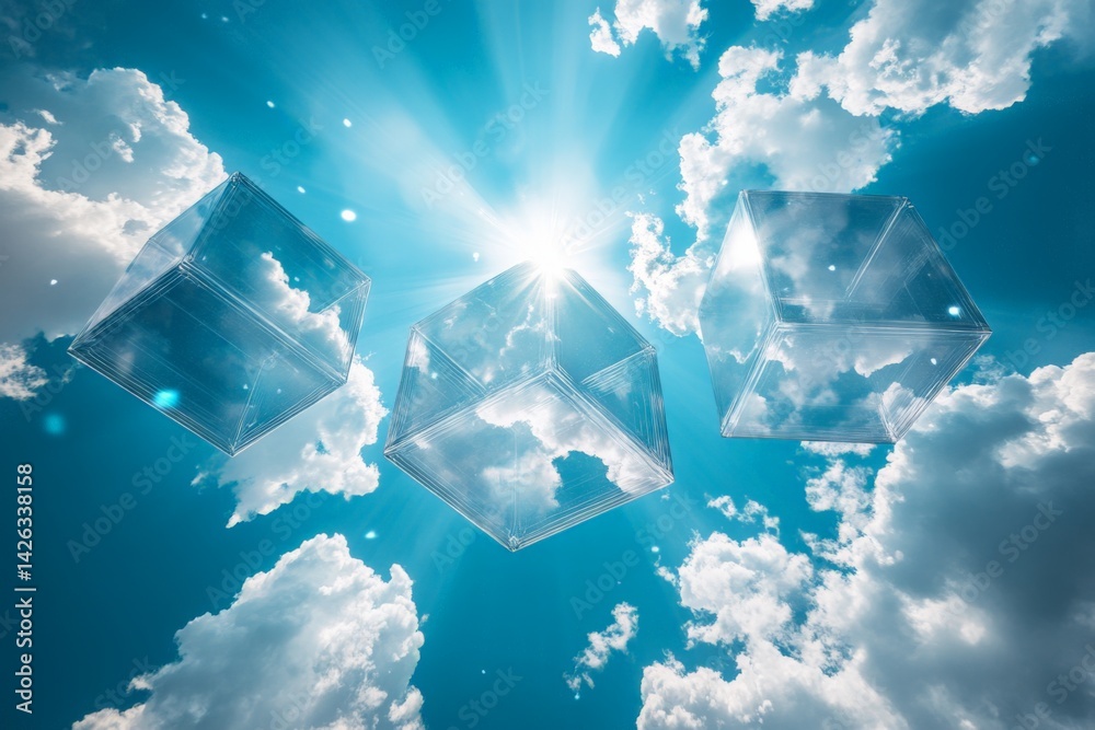 Poster Floating transparent cubes reflect clouds and sunlight against a bright blue sky in an imaginative visual display