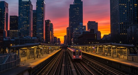 Fototapeta premium Twilight Commute: City Train at Sunset - Urban transportation, evening commute, city skyline, train arriving at station, sunset colors. Symbolizing progress, transit, modern life, urban landscapes