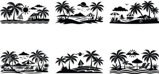 Summer beach vacation scene silhouette black vector art set design