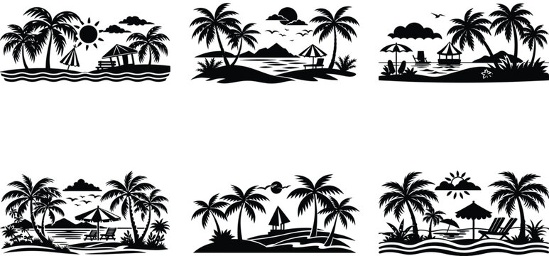 Summer beach vacation scene silhouette black vector art set design