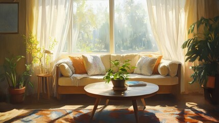Bright living room with large windows, sheer curtains, and potted plants
