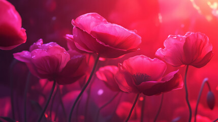 Fototapeta premium A bunch of red poppy flowers are in a field. The flowers are in full bloom and are very pretty