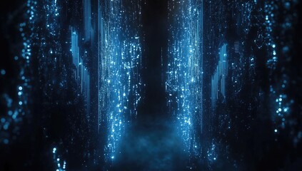 Abstract Blue Glowing Particles and Lines on Dark Background