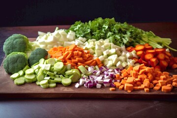 Cut vegetables ready for cooking. Generative AI.