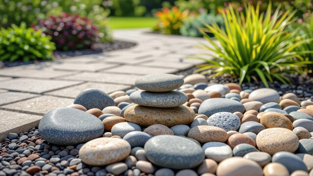 A serene garden scene featuring a stack of stones on a bed of pebbles, surrounded by vibrant plants and a winding pathway.