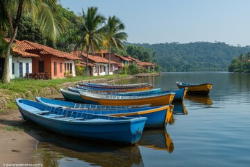 Colorful boats lined up along a tranquil riverbank in a peaceful village surrounded by lush greenery