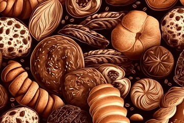 Assortment of bread and pastry. Generative AI.