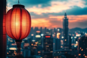 Obraz premium Lantern illuminated against a vibrant skyline at dusk with city buildings in the background