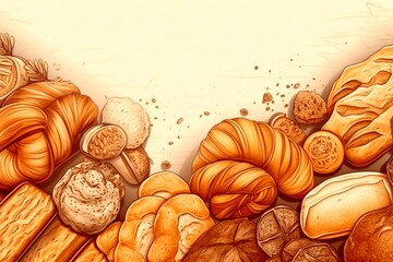 Close up of different types of breads and golden buns with ears of wheat. Food and bakery concept. Salty and sweet food. Bakery and carbohydrates. Generative AI.