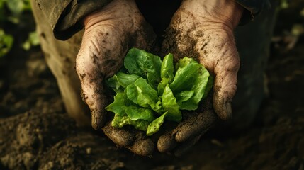  cradling a small bundle of freshly picked lettuce, the green leaves vibrant against the soil 