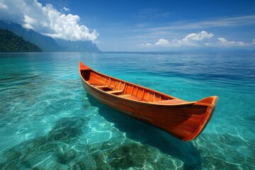 Bright wooden boat floating on clear blue water with mountains in the background during a sunny day
