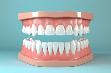 Obraz premium A close-up view of a white teeth model, including its red gum, is presented with a dental mirror, all on a white background