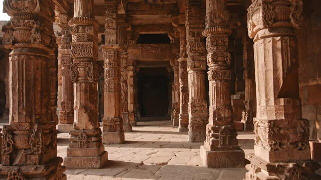 Ancient Temple Columns at Qutub Minar Complex in Delhi