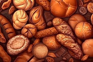 Collection of grain bread and bakery products. View from above. Generative AI.