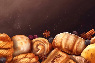 Assortment of bread and pastries. Generative AI.