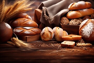 Bread. Assortment of bakery products. Generative AI.