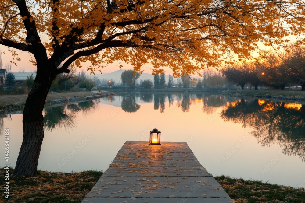 Poster serene autumn evening by the lake with glowing lantern and falling leaves enhancing the tranquil atm